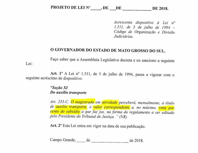 Projeto possibilita que magistrados recebem auxilio transporte em percentual de até 20% dos seus salários — Foto: Reprodução/G1 MS