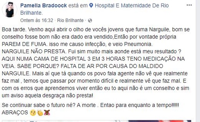 Depois de complicações com o uso de narguilé jovem de 20 anos deixa recado em rede social Depois de complicações com o uso de narguilé jovem de 20 anos deixa recado em rede social