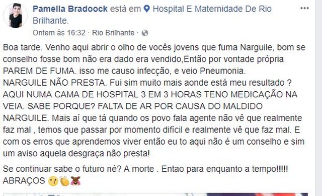 Depois de complicações com o uso de narguilé jovem de 20 anos deixa recado em rede social