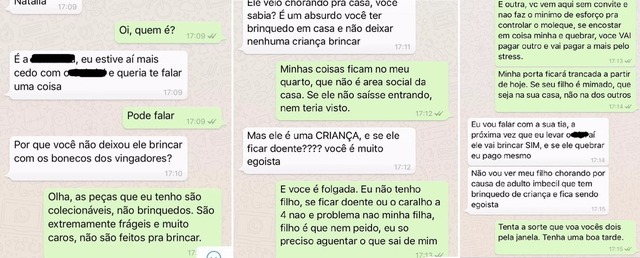 Boneco gera crise entre mulheres e história viraliza: 'Te jogo pela janela' Conversa viralizou na internet após ser compartilhada em rede social (Foto: Reprodução)