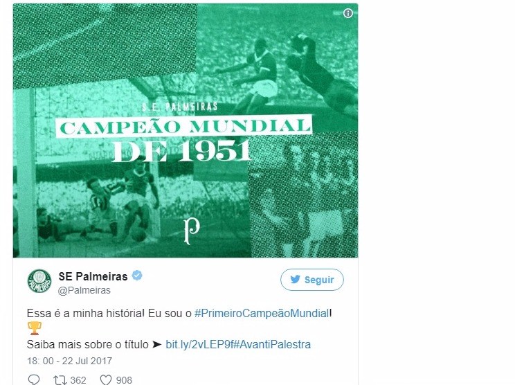 Tem ou não? Palmeiras faz vídeo para comemorar 66 anos do título mundial