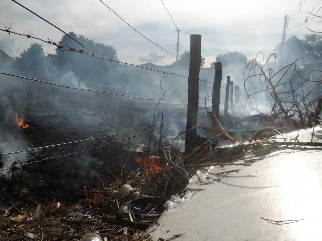 Com farto material de queima, o incêndio despejou fumaça para todos os lados, assim como as chamas ameaçavam a vizinhança (Foto: Léo Lima)