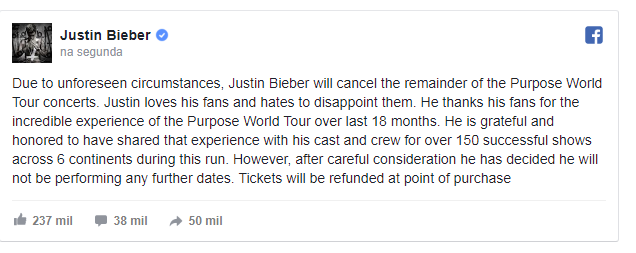 Justin Bieber cancelou a carreira para 'se rededicar a Cristo', diz site; decisão teria irritado funcionários do cantor Reprodução Internet