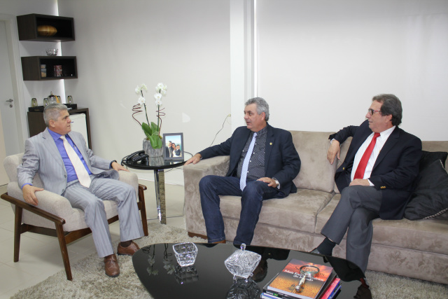 O deputado estadual e prefeito eleito de Três Lagoas, Angelo Guerreiro (ao centro), durante reunião no TCE (Foto: Assessoria)