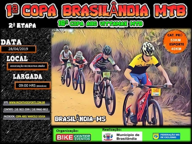 Aniversário de Brasilândia terá campeonato de mountain bike, bailão e show de Bruno & Barretto Cartaz de divulgação da 1º Copa Brasilândia de Mountain Bike