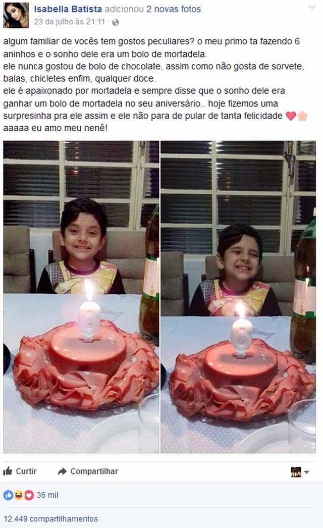 Apaixonado por mortadela, menino ganha bolo de aniversário temático e foto viraliza Foto do bolo foi postada pela prima do garoto e viralizou na web (Foto: Reprodução/Facebook)