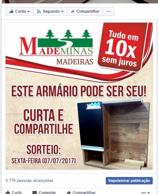 Investimento em redes sociais tem estimulado a marca Mademinas em Três Lagoas No primeiro sorteio da campanha Mademinas, mas de 8 mil pessoas visualizaram a promoção, como mostra a imagem (Foto: Reprodução)