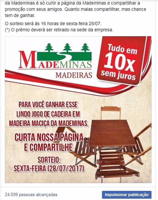 Investimento em redes sociais tem estimulado a marca Mademinas em Três Lagoas No sorteio dessa semana, mas de 24 mil pessoas visualizaram a promoção (Foto: Reprodução)