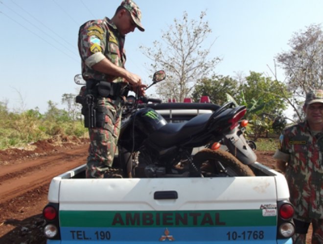 PMA autua 4 por crimes ambientais e apreende 3 motos furtadas Com a assentada foram apreendidas madeiras provenientes de 17 árvores que ela havia derrubado (Foto: Divulgação/PMA MS)