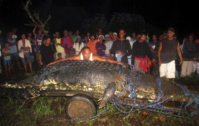 Prefeito de Bunawan abraça o crocodilo gigante. (Foto: AP)