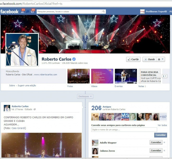 Roberto Carlos faz show em Campo Grande em novembro Página oficial do cantor confirma o show do rei em novembro, em Campo Grande
