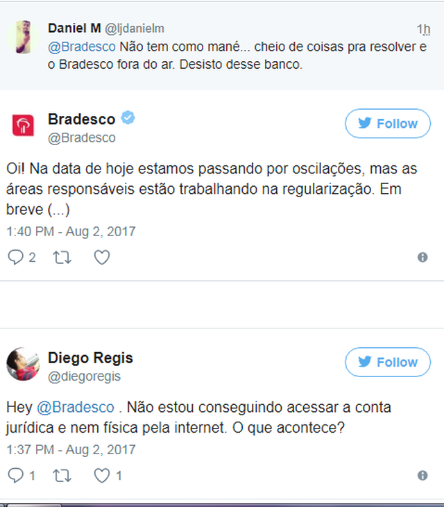 Serviços do Bradesco apresentam problemas nesta quarta-feira