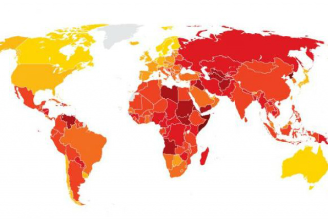 Quanto mais próximo da cor amarela, menos corrupto o país, quanto mais próximo da cor vermelha, mais corrupto T(Foto: Ilustração/Transparência Internacional)
