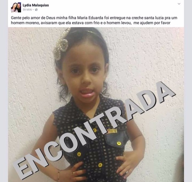 Criança que estava desaparecida foi encontrada em Três Lagoas Após encontrar a criança, a mãe também postou em sua rede social a boa notícia (Foto: Reprodução/Facebook)