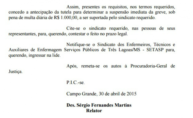 Tribunal de Justiça determina suspensão de greve dos enfermeiros em Três Lagoas