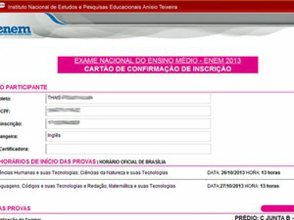 Cartões de confirmação do Enem já estão disponíveis na internet Os candidatos devem digitar CPF e senha para visualizar o cartão (Foto: Reprodução/Correio do Estado)