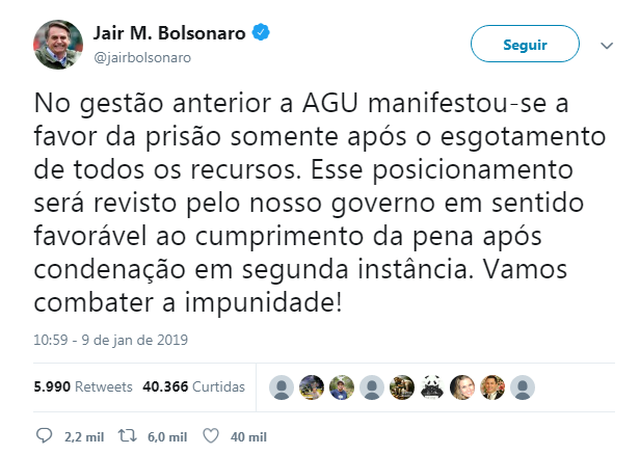 Bolsonaro: posição da AGU sobre prisão após 2ª instância será revista Foto/ Reprodução Twitter