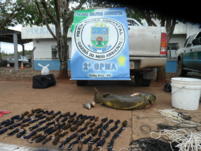 PMA prende dono de rancho com 90 kg de peixes ilegais A PMA cientificou os vizinhos para que avisassem ao infrator para comparecer ao quartel em Costa Rica (Foto: Divulgação/PMA)