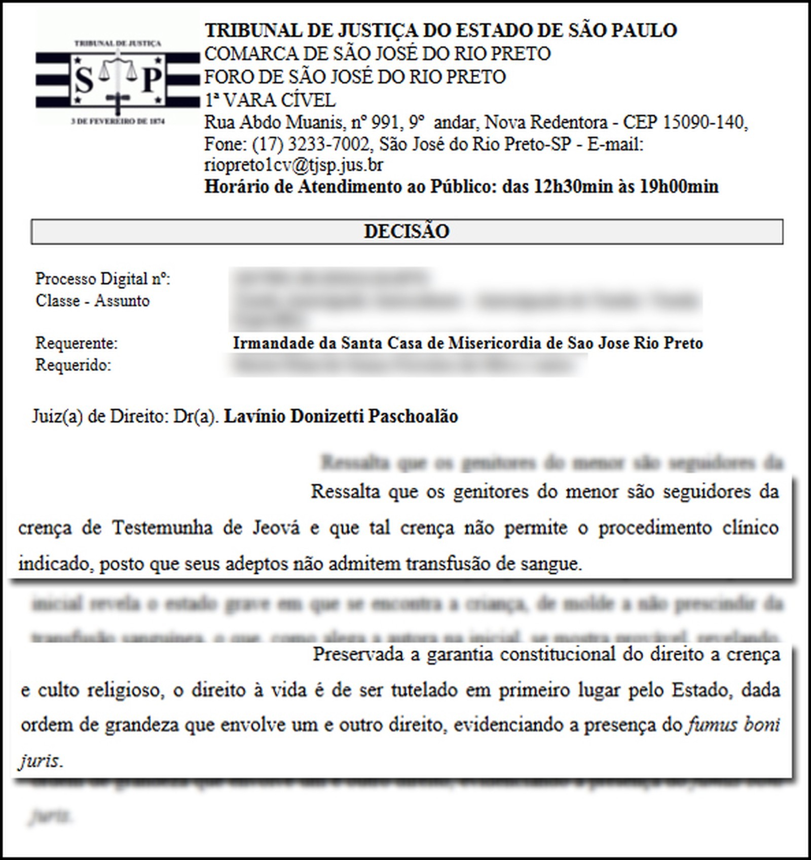 Trecho da decisão que garantiu à Santa Casa de Rio Preto o direito de fazer transfusão de sangue em um bebê de família Testemunha de Jeová (Foto: Reprodução)