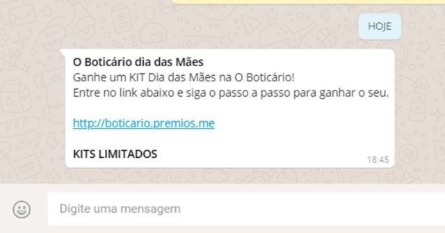 Criminosos usam promoção falsa d’O Boticário de Dia das Mães para roubar dados Golpe usa marca falsa promoção d'O Boticário de Dia das Mães para roubar dados de vítimas. (Foto: Divulgação).