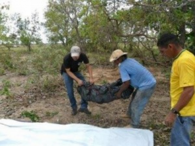 Polícia recupera corpo que pode ter sido enterrado vivo O corpo foi desenterrado em avançado estado de putrefação (Foto: Divulgação)