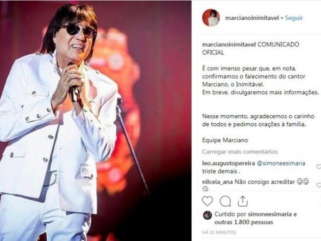 Cantor Marciano morre aos 67 anos vítima de infarto Comunicado da assessoria. (Foto: Reprodução/Instagram)