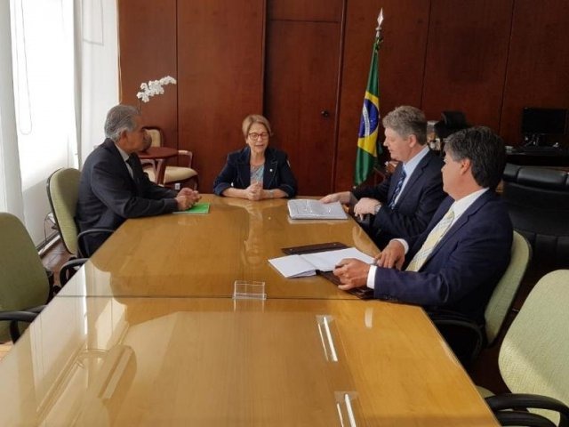 Governo pede celeridade na regularização de assentamentos de MS Governador Reinaldo Azambuja (à esquerda), com a ministra da Agricultura, Tereza Cristina, e o secretário de Meio Ambiente de MS, Jaime Verruck. (Foto: Divulgação/Governo do Estado).