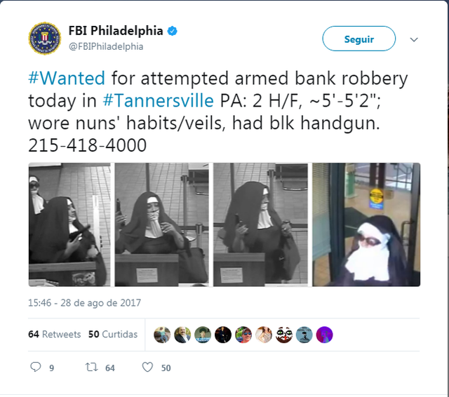 Mulheres tentam assaltar banco na Pensilvânia vestidas de freiras