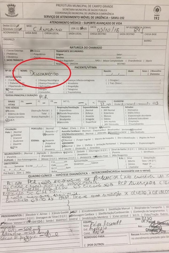 Sem documentos reais, corpo de idosa que se passava por homem está há mais de 4 meses no Imol em MS Laudo de atendimento médico de Lourival Bezerra de Sá. — Foto: Polícia Civil/Divulgação