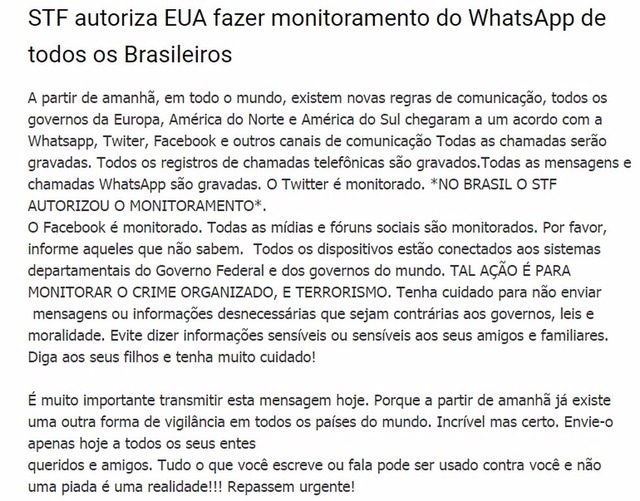 STF autorizou monitoramento do WhatsApp de todos os brasileiros? Não é verdade! Reprodução de notícia falsa que circula em redes sociais (Foto: Reprodução)