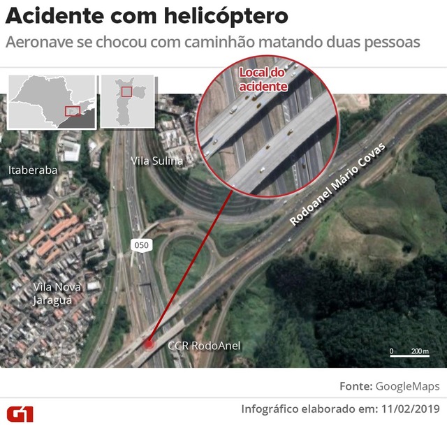 Ricardo Boechat, jornalista, morre aos 66 anos em queda de helicóptero em SP Mapa mostra local onde helicóptero caiu na Rodovia Anhanguera — Foto: Wagner Magalhães/G1