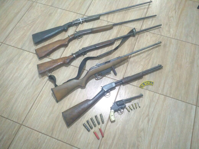 Caçadores são presos com armas de fogo e animal abatido em MS Armas apreendidas pelos policiais. (Foto:Divulgação/PMA)