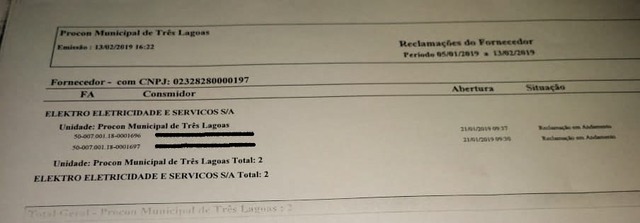 Cidades de MS se revoltam contra Energisa e Agepan recebe autorização para fiscalizar concessionária Entre janeiro e fevereiro, apenas duas pessoas oficializaram reclamação contra a Elektro no Procon de Três Lagoas. Reprodução Procon.