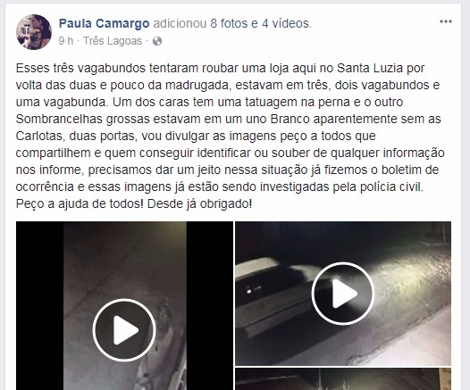 Loja de Três Lagoas furtada 40 vezes divulga imagens de criminosos (Reprodução/ Facebook).