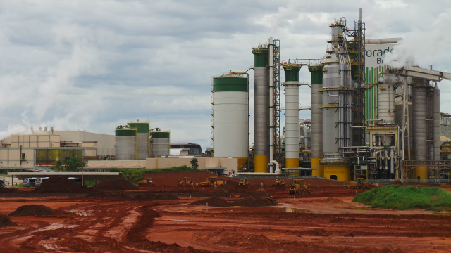 Foto registrada no dia 24 de fevereiro de 2016 mostra as máquinas trabalhando na jazida principal localizada na entrada da fábrica. O material retirado do local foi utilizado para a terraplanagem do platô, onde será erguida a nova unidade da Eldorado Brasil (Foto: Ricardo Ojeda) 