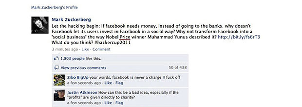 Mais de 1,8 mil pessoas 'curtiram' a atualização do status de Zuckerberg hackeado. (Foto: Reprodução)