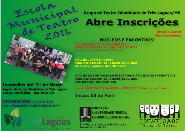 Estão abertas as Inscrições para a Escola Municipal De Teatro do Grupo de Teatro Identidade Estão abertas as Inscrições para a Escola Municipal De Teatro do Grupo de Teatro Identidade
