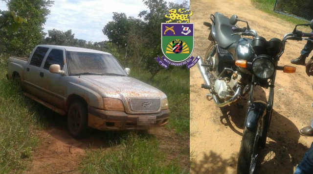 3º Pelotão de Santa Rita do Pardo recupera veículos furtados e prendem autores Caminhonete e motocicleta furtadas que foram recuperadas pelo 3º Pelotão de Santa Rita do Pardo (Foto: Assessoria)