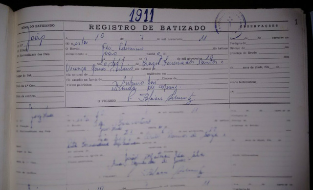 1º registro de batismo feito na história da Igreja Católica de Três Lagoas, em 1911. (foto: Diocese Três Lagoas)