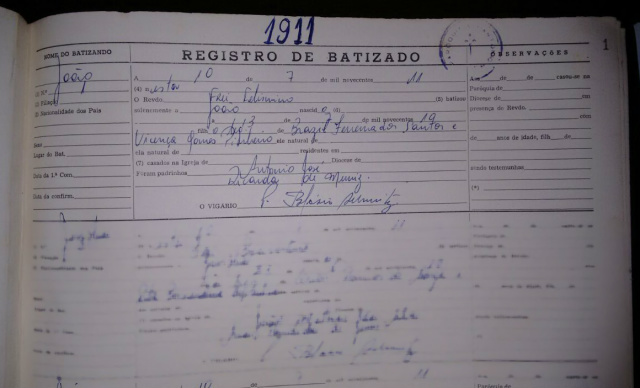 Diocese encontra e divulga primeiros registros de batismo feito há 100 anos em Três Lagoas 1º registro de batismo feito na história da Igreja Católica de Três Lagoas, em 1911. (foto: Diocese Três Lagoas)