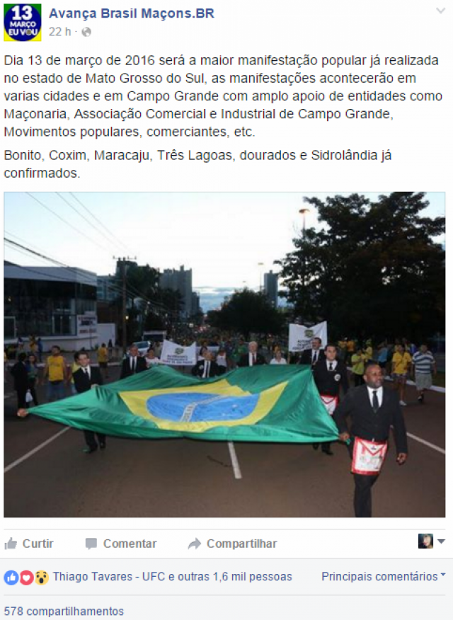 Publicação da página Avança Brasil Maçon.BR em que faz o convite para a população sul-mato-grossense, assim com a três-lagoense para participar. (Foto: Reprodução Facebook)