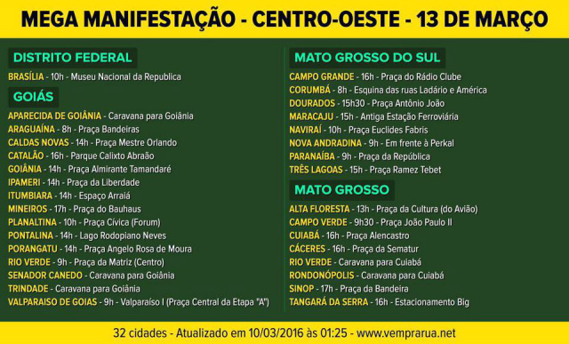 Cinco lojas maçônicas vão organizar a manifestação de domingo em Três Lagoas No MS até às 1h25 desta quinta-feira (10), oito cidades já confirmaram participação. (Foto: Reprodução Facebook)