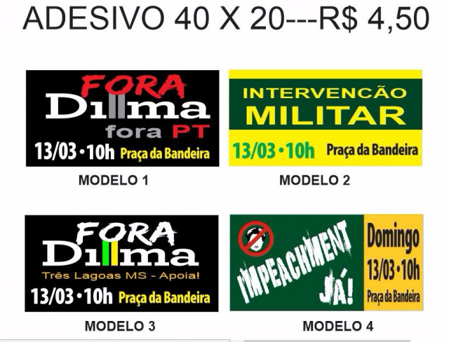 Placas e faixas para serem utilizadas na manifestação estão sendo vendidas na Gold Modelos de faixas e adesivos para veículos que estão pronto para o dia 13 de março (Foto: Divulgação)