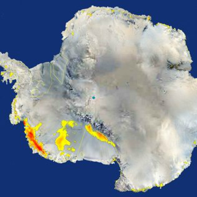 Aquecimento da Antártida é duas vezes maior ao imaginado Imagem de satélite mostra região do oeste da Antártida que está se aquecendo (em amarelo) (Foto: Nasa)