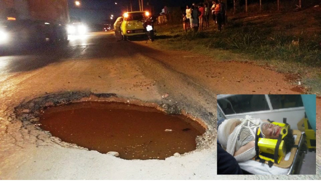 O enorme buraco no asfalto, em uma via de grande movimentação de veículos; no detalhe, a vítima, que quebrou a clavícula e foi socorrida à UPA (Foto: Marco Campos)