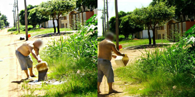 No flagrante, aqueles que são parte do problema. O morador descarta detritos da caixa de gordura de frente ao terreno, em plena luz do dia, de forma displicente, não se importando com a vizinhança, (ele também é vizinho), perto dali, há um restaurante que chega a perder clientes por conta do mal cheiro constante (Foto:Laryssa de Andrade) 