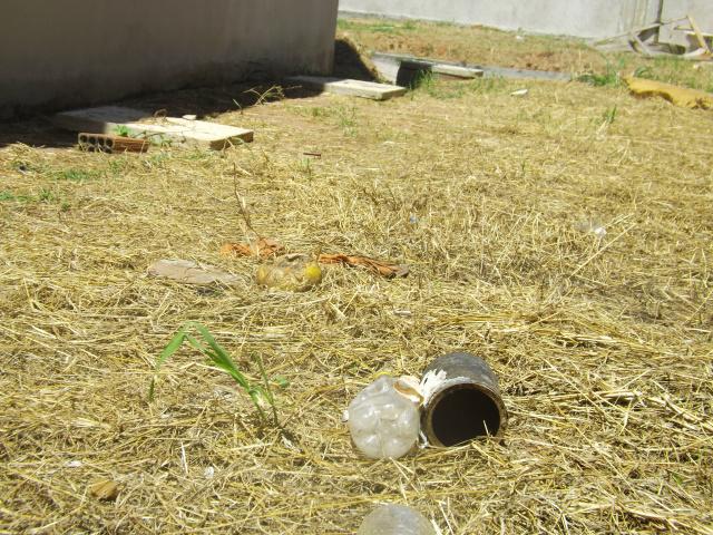 É possível ver que o mato foi cortado, mas o lixo continua ali, latas de tintas que não foram descartadas corretamente podem acumular água (Foto:Laryssa de Andrade) 