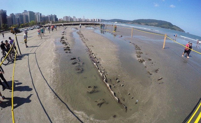 Navio que surgiu em praia de SP pode guardar 'tesouro' desconhecido Destroços estão localizados nas proximidades do Canal 5, em Santos, SP (Foto: José Claudio Pimentel/G1)