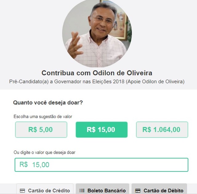 Candidatos ao Governo do MS já usam vaquinha virtual para receber doações Tela do candidato Odilon com opções para doação.
