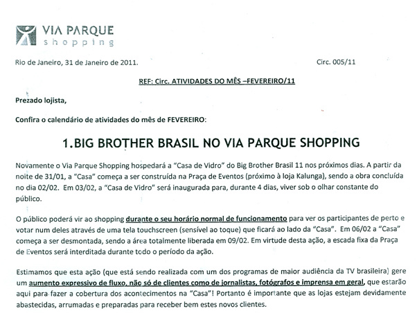 Comunicado aos lojistas do shopping onde ficará a Casa de Vidro (Foto: Ego)
